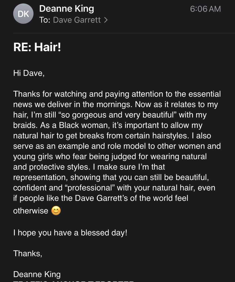WFLADeanne's tweet image. Quick glimpse into what it’s like wearing natural/protective styles on-air

Emails like this come often, but I had time today 💁🏾‍♀️