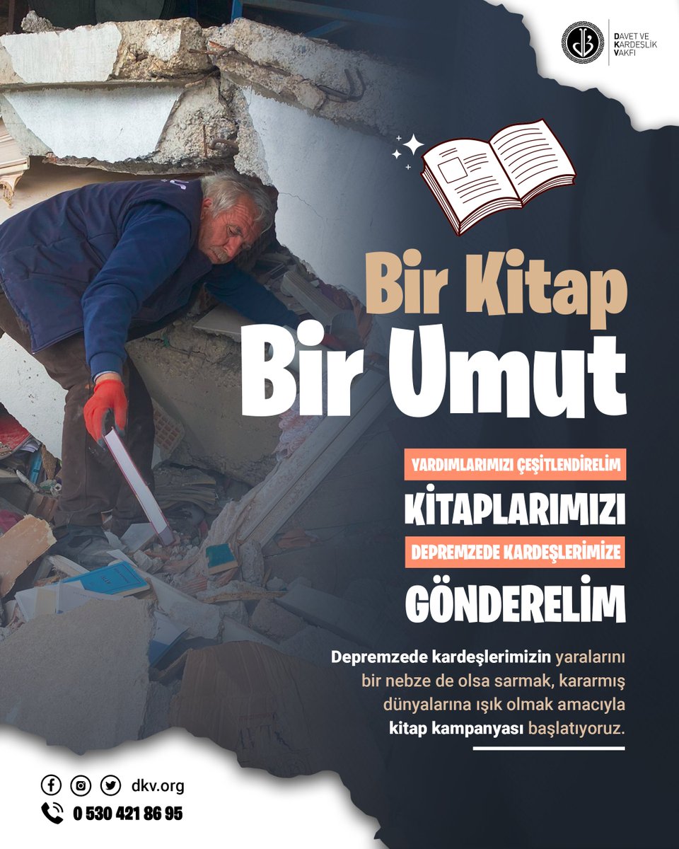 dkv_org's tweet photo. 📌 Depremzede kardeşlerimizin yaralarını bir nebze de olsa sarmak, kararmış dünyalarına ışık olmak amacıyla "Bir Kitap Bir Umut" diyerek "KİTAP KAMPANYASI" başlatıyoruz. 

#kitapkampanyası #birkitapbirumut  #kitapbağışı #depremzedelerekitap https://t.co/N97yxWRVyU