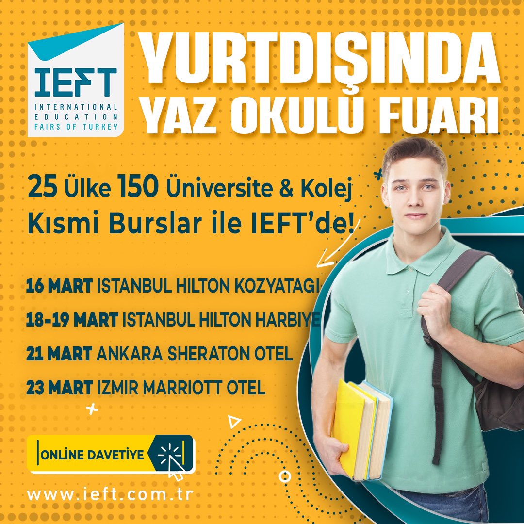 GlobalVizyon's tweet photo. IEFT Yurtdışı Eğitim ve Kariyer Fuarları 41. Kez Sizlerle Buluşuyor!

25 Ülkeden 150 Üniversite, Kolej ve Eğitim Kurumu ile Buluşmaya Hazır mısınız?
 
Online Davetiye ve detaylar için https://t.co/yyGQ6yrRLr

#yurtdisiegitim #yutdışıegitimfuarı #ieftfuarlari #yurtdışıüniversite https://t.co/m7NDcdw6J7
