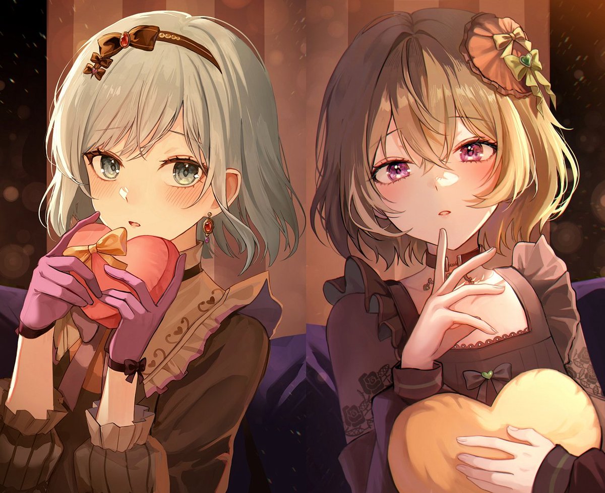 2girls multiple girls heart-shaped box short hair gloves blush looking at viewer  illustration images