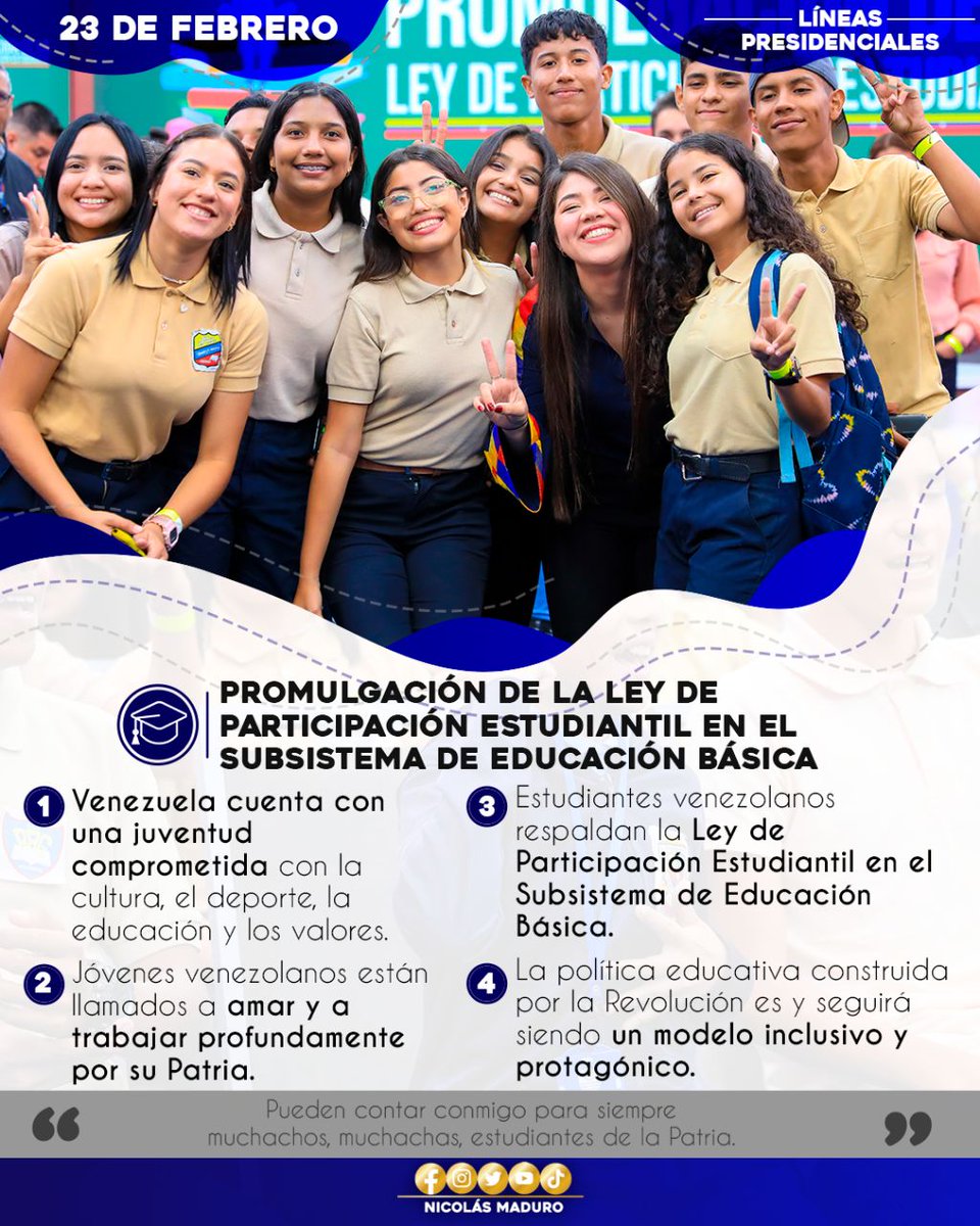 #Entérate | 🇻🇪📢Compartimos las Líneas Presidenciales de este #23Feb en el marco de la Promulgación de la Ley de Participación Estudiantil en el Subsistema de Educación Básica , en la cual participó el Pdte. @NicolasMaduro #SancionesAsesinas @NicolasMaduro @NestorLReverol