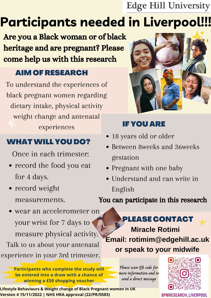 Calling on pregnant black women in Liverpool. Please come help us understand your experiences of dietary intake,physical activity, weight change and antenatal care. To take part or for more info, email Miracle Rotimi- rotimim@edgehill.ac.uk or send a direct message. Thank you😊