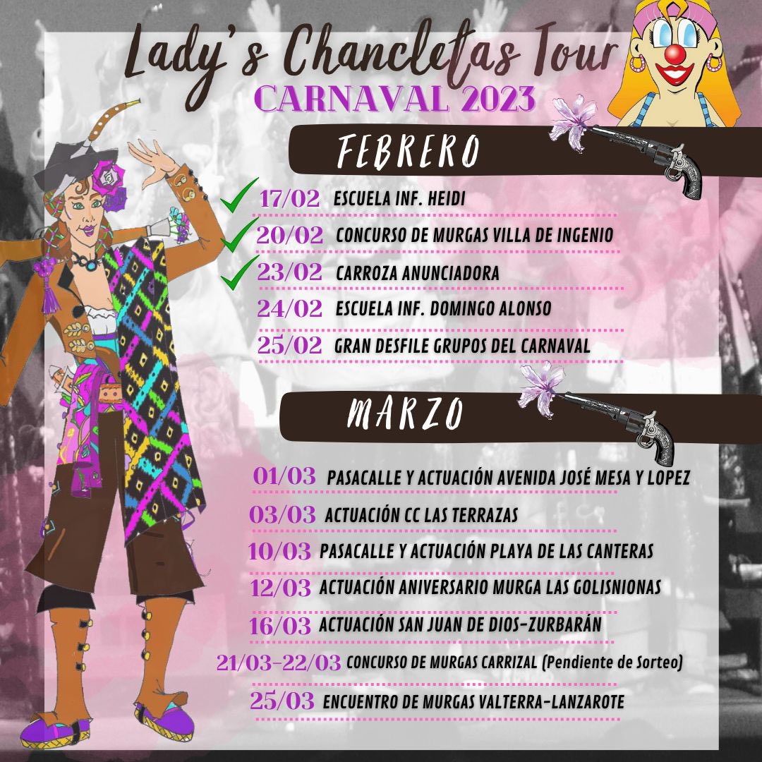Lady’s Chancletas Tour🎺 
Actuaciones Carnaval 2023🪩🕺🏻

Este es el Carnaval que nos gusta
¡Nos vemos en las calles!🎉
 
Síguenos en facebook, Instagram y Twitter📲

#ladystour23 #ladyschancletas2023 #murgas #carnavallpgc #studio54 #grancanaria #laspalmasdegrancanaria