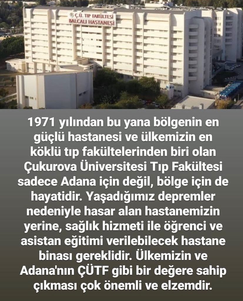 dronkoloji's tweet photo. Çukurova Ünv Balcalı Hastanesi, sadece Adana’nın değil bölgenin en değerli hastanesi ve eğitim yuvasıdır. Buradan çok değerli hekimler, hocalar yetişmiştir. Bu hastane dağıtılmamalı, eğitim ve sağlık hizmeti için bina sağlanmalıdır #adana #çukurova  #çütfdağılmasın https://t.co/SHXI3MIHLB