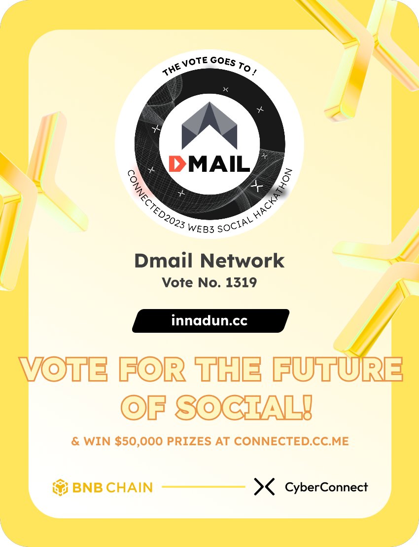 DunaevaInna's tweet photo. Just voted for my favorite project Dmail Network in #Connected2023, a Web3 Social hackathon by @CyberConnectHQ the social graph protocol &amp; @BNBCHAIN
Join me to vote for a better social and win $50,000-$100,000 prizes!
https://t.co/IdOUQ8QFpG
sig:jgmD7s 
  https://t.co/7NbaAYixzj https://t.co/70nCdGMwcG