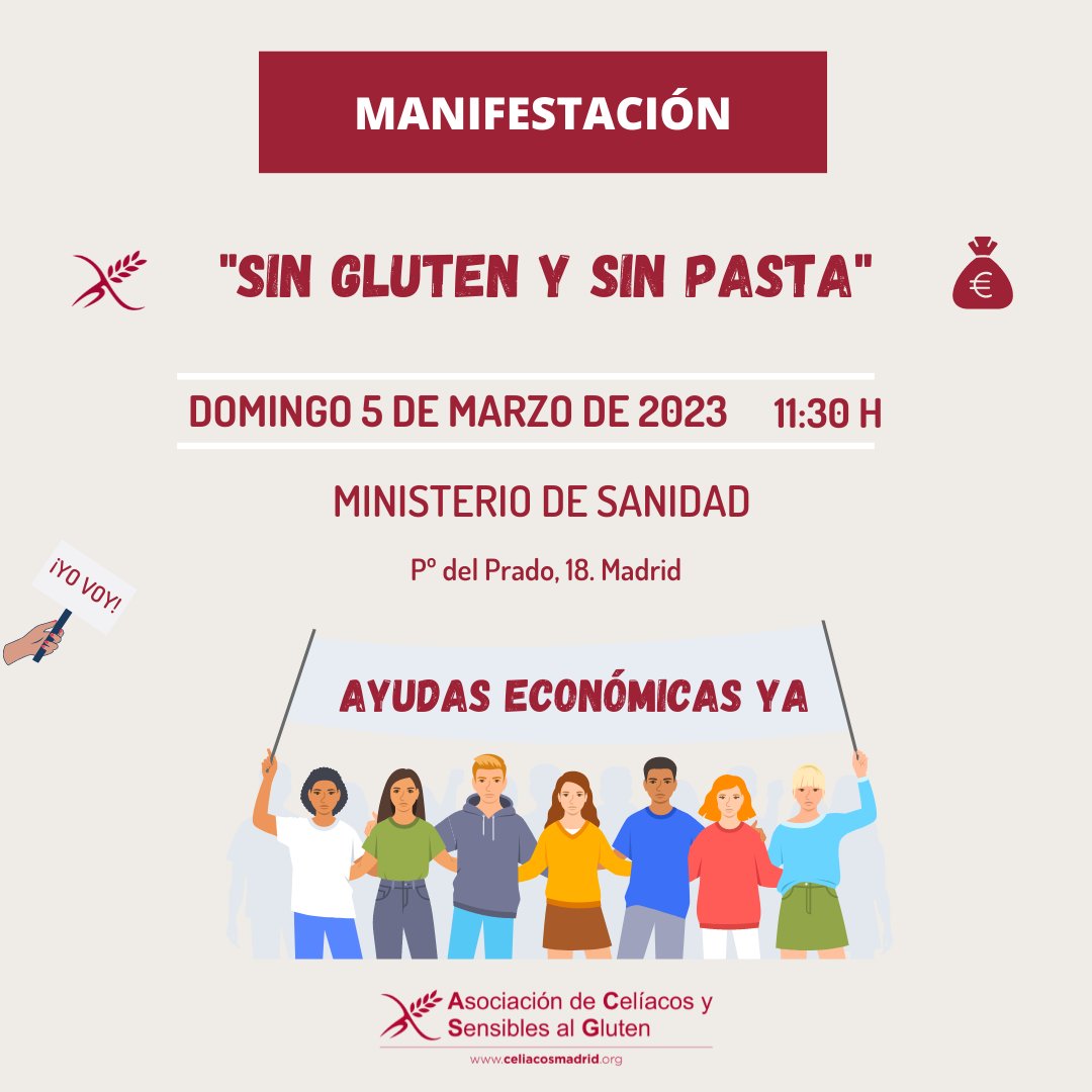 CeliacosMadrid's tweet photo. Tenemos que estar juntos en esto. 💪De cada uno de nosotros depende que el 5 de marzo llenemos las calles con nuestras reivindicaciones. 

📢Ayúdanos a difundir y que todos los celíacos y sensibles al gluten salgamos a la calle para conseguir que se nos escuche. 

#YoVoy https://t.co/r9w0olxvK0