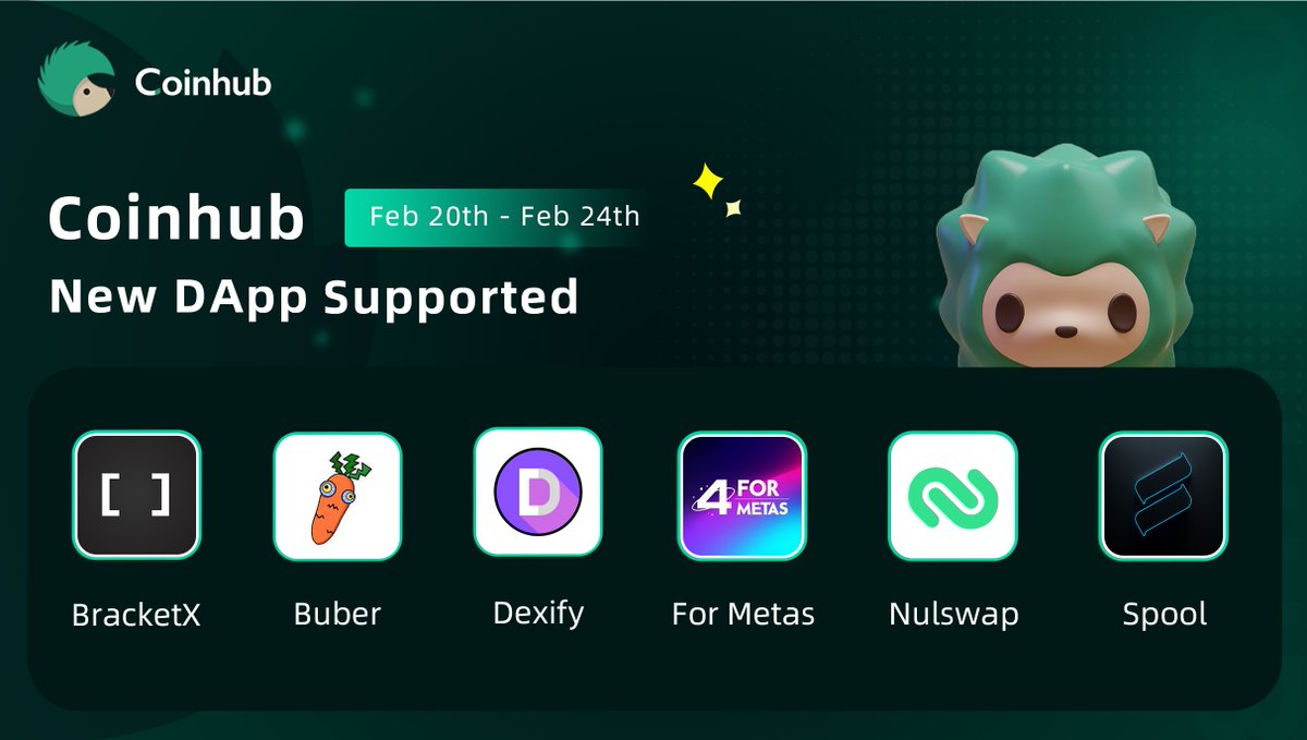 Coinhub_Wallet's tweet photo. Feb 20th - Feb 24th: New DApps listed on #Coinhub
#CoinhubWallet , a user-friendly multi-chain wallet.
📥https://t.co/UTQO44oT6r
@BuberOfficial
@4metas
@DexifyHQ
@Bracket_Labs_
@nulswap
@SpoolFi https://t.co/XYgKmRfwIa