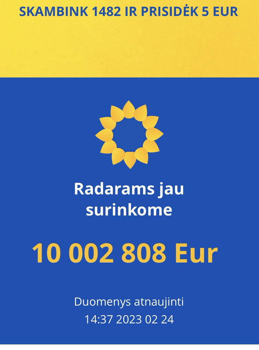 Lithuanians broke 10 mln mark fundraising for radars for Ukraine and this is still not the end. Tonight is 3 hours TV marathon fundraiser and we can get more millions to defend Ukraine!