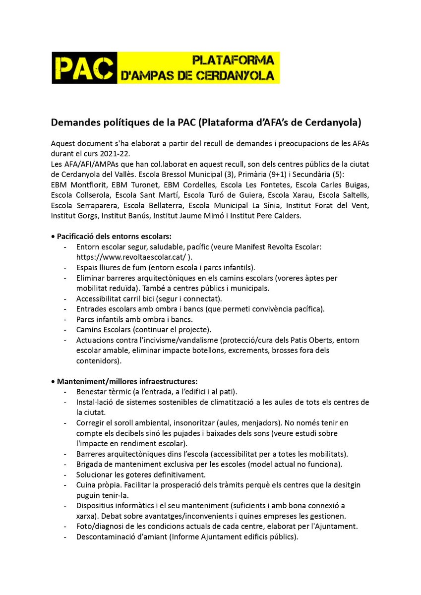Avui hem enviat als partits polítics amb representació al nostre municipi, un document fruit del consens i les necessitats compartides de EBM,Primària i secundària pública de #Cerdanyola