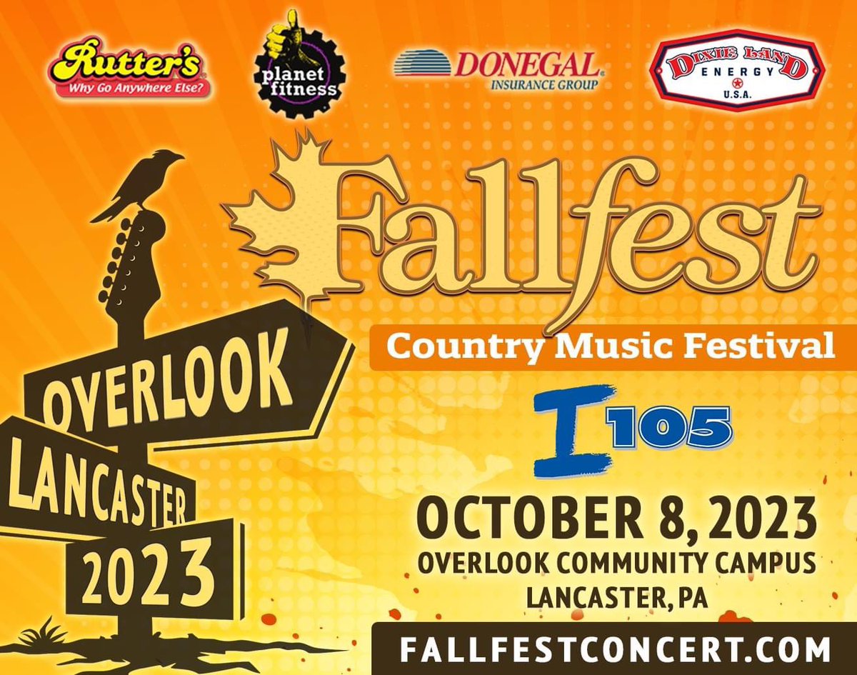 WE'RE BACK IN LANCASTER: The 2023 I-105 FallFest - sponsored by Rutter's, Planet Fitness, Donegal Insurance Group and Dixie Land Energy will return to Overlook Community Campus in Lancaster on October 8th.

We'll announce the lineup and tickets will go on-sale July 6th.