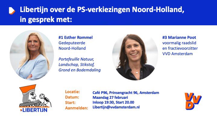 Deze maandag, 20:00 café P96 gaan we in gesprek met kandidaten <a href="/MariannePoot/">Marianne Poot</a> en @estherrommel  <a href="/VVD/">VVD</a> in aanloop naar de PS-verkiezingen. Over de uitdagingen in Noord-Holland en waarom de VVD doet wat nodig is👊🏽<a href="/vvdnh/">VVD Noord-Holland</a> <a href="/VVDAmsterdam/">Amsterdamse VVD</a>