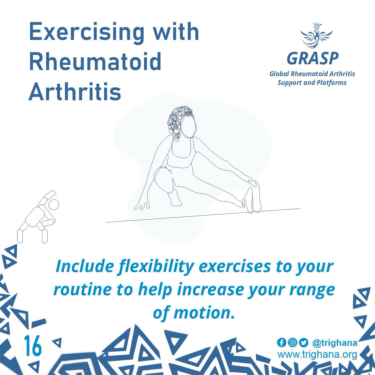 trighana's tweet photo. Include flexibility exercises to your routine to help increase your range of motion.
#rheumatoidarthritis 
#rheumatoidarthritisawareness 
#RA
#exercise 
#RAandExercise
#GRASP
#tRi 
#tRi2gether
#keepmoving https://t.co/dxcDOeSxE3
