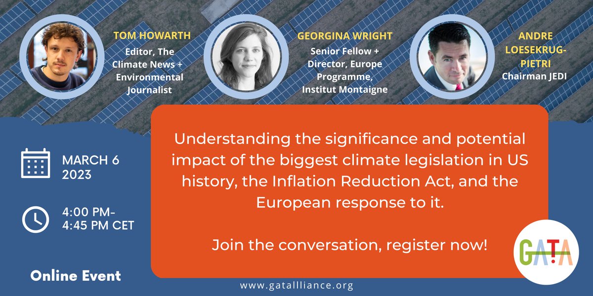 <a href="/GATAlliance/">Global Agrifood Tech Alliance</a> is hosting an online discussion 'Understanding the significance of the Inflation Reduction Act and the European response. Join the conversation.

📆March 6, 2023 at 4pm CET 

Register Now! 

🎟️ eventbrite.fr/e/understandin…

#InflationReductionAct #GATAlliance
