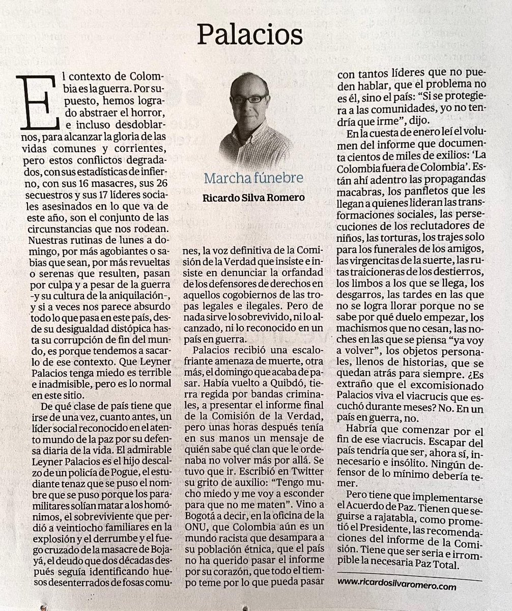 RSilvaRomero's tweet photo. Mi columna de hoy, @PalaciosLeyner, en su versión en papel: "De qué clase de país tiene que irse de una vez, cuanto antes, un líder social reconocido en el atento mundo de la paz por su defensa diaria de la vida". https://t.co/U2j2JaMpCe