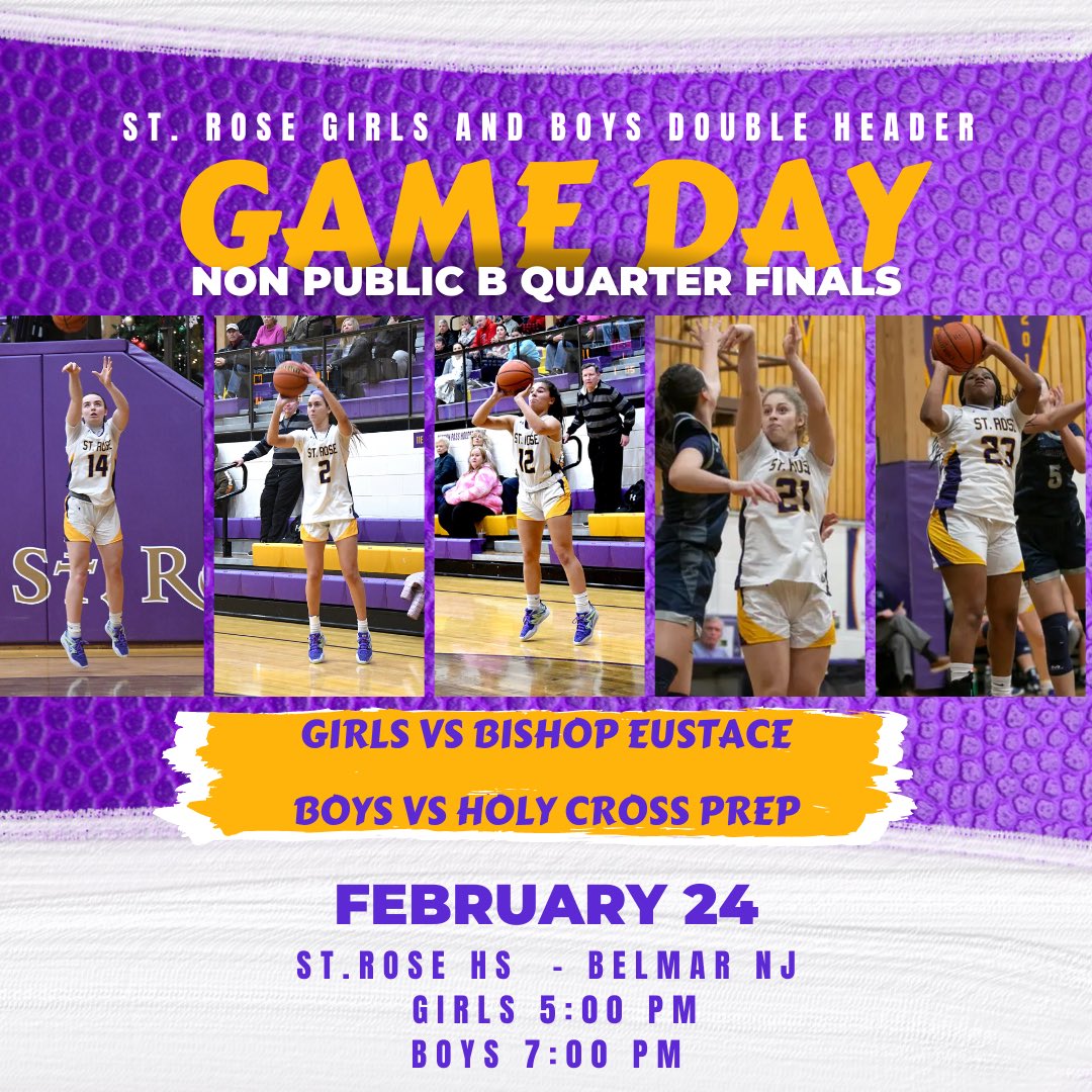 SRHSGIRLSBB's tweet photo. 𝙂𝘼𝙈𝙀 𝘿𝘼𝙔 - NJSIAA Non PublicB Quarterfinals
Girls & Boys Double Header
🏀Girls 🆚 Bishop Eustace
⏰ 5:00
🏀Boys 🆚 Holy Crose Prep
⏰ 7:00
📍StRose
📅Today‼️
#LETSGORoses @StRoseBoysBask
@LenBardsley @StRoseAD @nlowe11 @dbrust1030 @TinyGreenNBS @belmar_zoo @seetheinlet https://t.co/0Dwno0cSQL