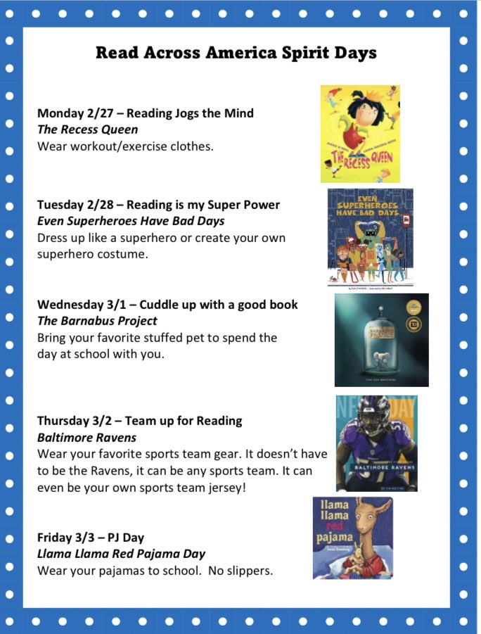 libraryatCES's tweet photo. Spirit week next week @CatonsvilleES to celebrate Read Across America! #bcpslms https://t.co/f2QGpWP6PJ