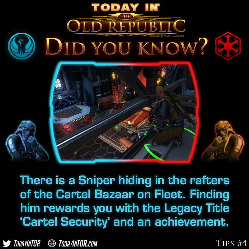 TodayinTor's tweet photo. While youre in the #SWTOR Cartel Bazaar picking up Bounty Event Quests, don't forget to Meet the Sniper and earn a Title and Achievement Reward!

#todayintor #swtorfamily #starwars https://t.co/HZbUkj0c5n