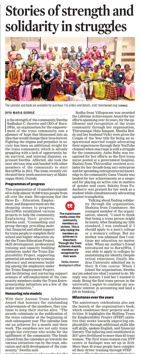tniefeatures's tweet image. Swetha Sudhakar, founder of #Born2win, an organisation for the upliftment of the #transcommunity, speaks about the organisation completing 10 years, their lastest achievements and upcoming projects. 
@NewIndianXpress @xpresstn @DiyaMaG18

Read @ newindianexpress.com/cities/chennai…