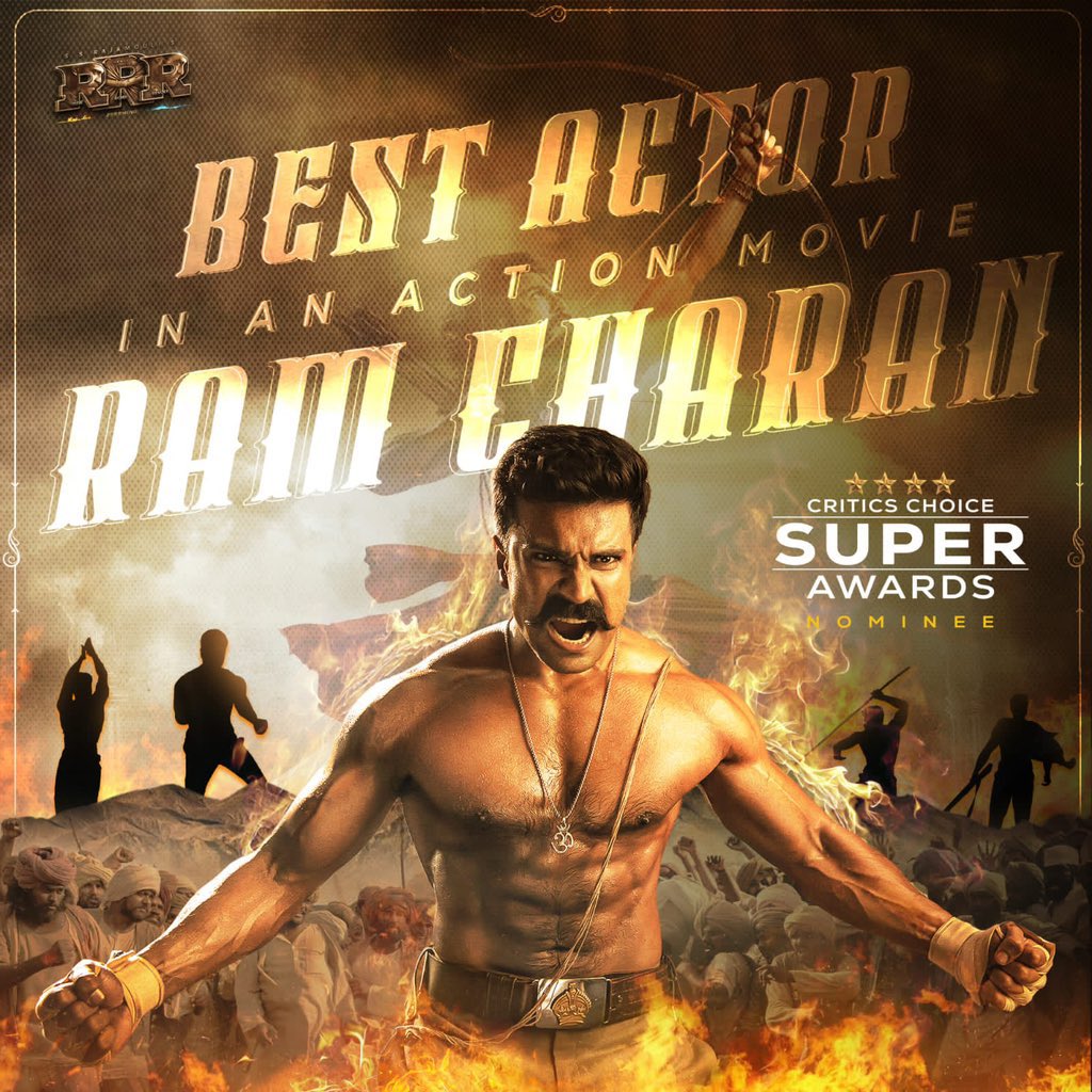 It neveRRR gets old! 🤩

'Global Star Man Of Masses' @AlwaysRamCharan gets nominated for the #CriticsChoice Awards in the BEST ACTOR IN AN ACTION FILM category for #RRR 🔥

#RamCharan 
#GlobalStarRamCharan #ManOfMassesRamCharan #SuperAwards