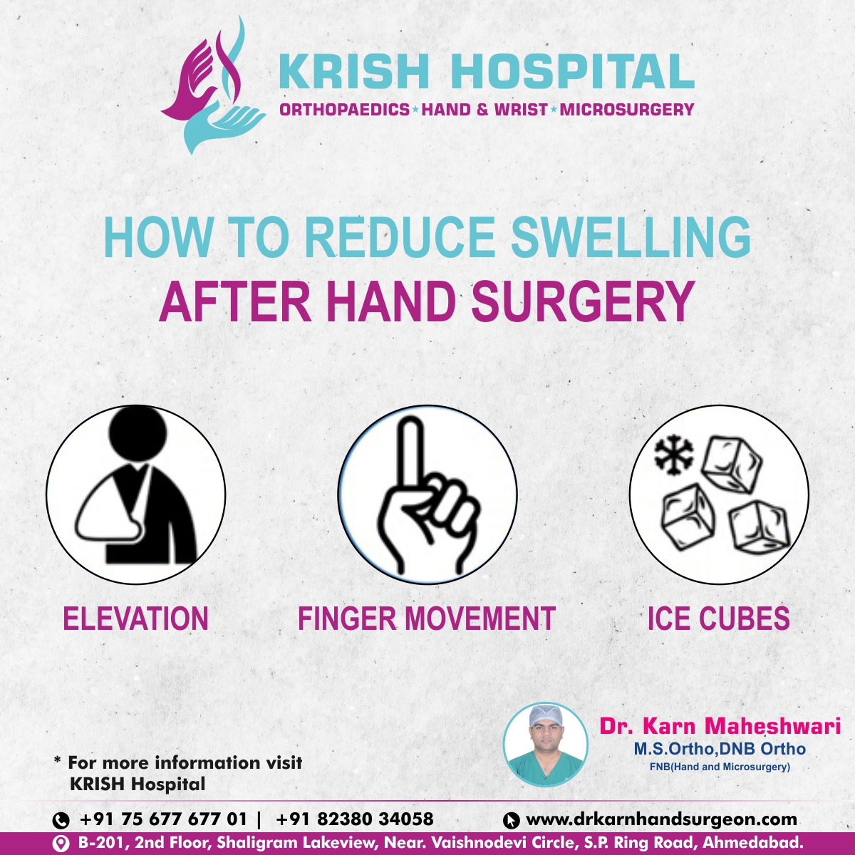 HOW TO REDUCE SWELLING
AFTER HAND SURGERY
> ELEVATION
> FINGER MOVEMENT
> ICE CUBES 
#handsurgeon #handspecialist #orthopedicsurgeon #orthopedicdoctor #orthopedicdoctorahmedabad #handsurgeonahmedabad #doctorforhand #doctorfororthopedic #orthopedicsurgery #handsurgery