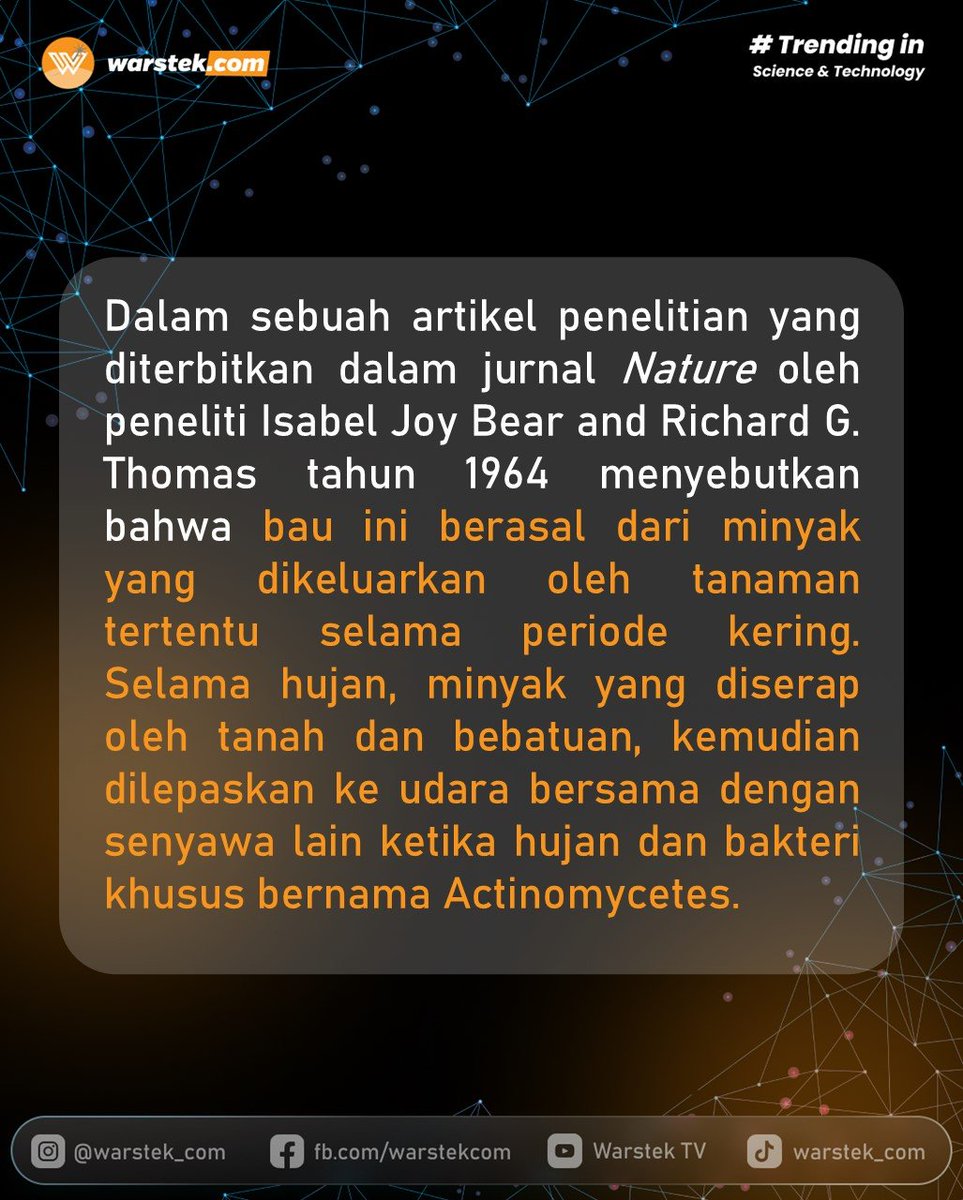 warstek_com's tweet photo. Pasti pernah ngerasain kan kalian?
Kenapa kok enak ya baunya, kenapa kok bikin rileks yaa...

Nah semua itu karena ada peran dari bakteri yang ada di tanah gaes.

_____
#hujan #air #bau #enak #aroma #seger #menyegarkan #alami #alamiah #natural #update #asik 
#sains https://t.co/vBfL9iC8AO
