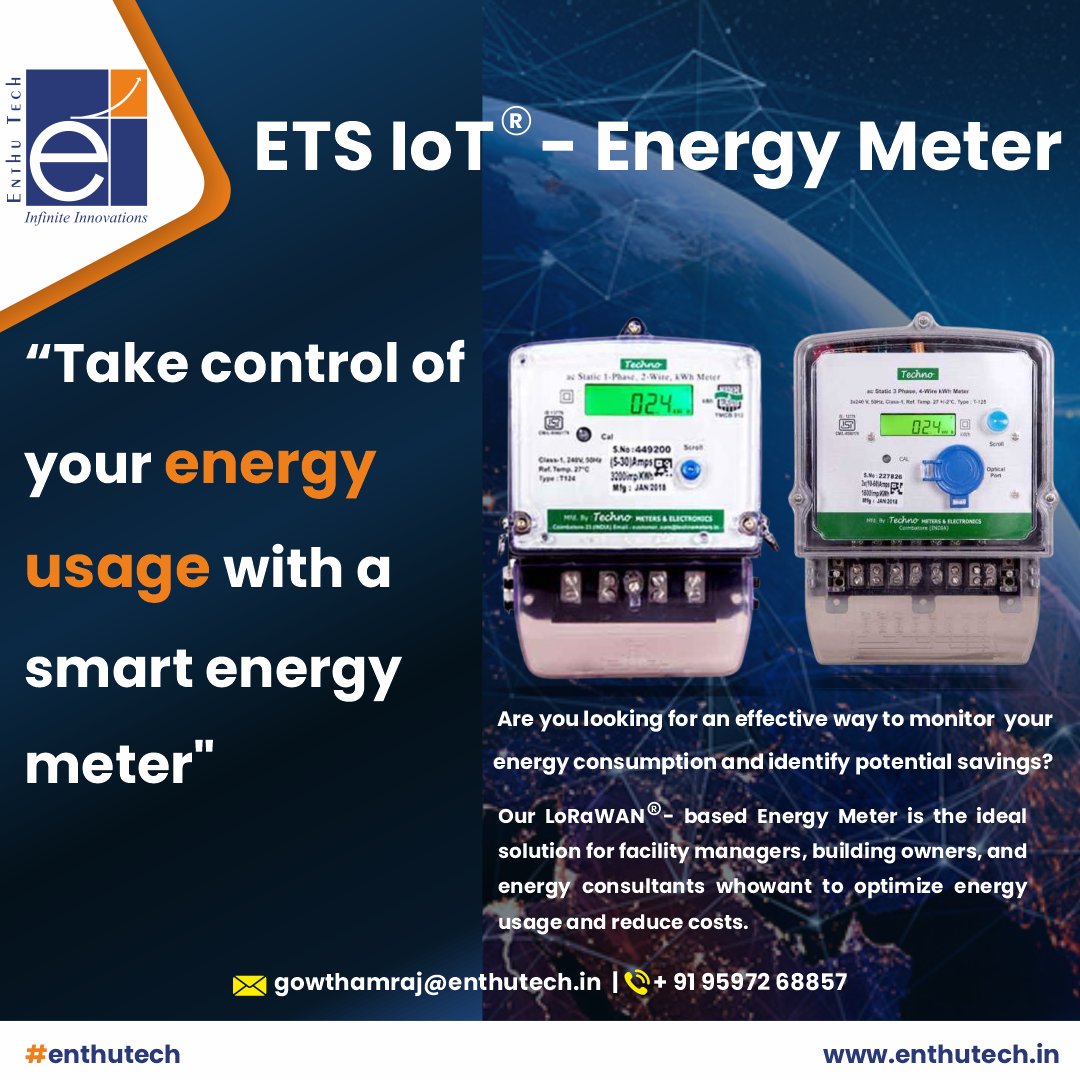enthutechnology's tweet photo. Transform your energy management with Enthu Tech's Smart Energy Meter. Our innovative solution provides real-time data, helping you achieve greater efficiency, and cost savings. Say goodbye to estimated bills and hello to accurate billing. #SmartEnergyMeter #EnthuTech https://t.co/zGJrh2Imrs