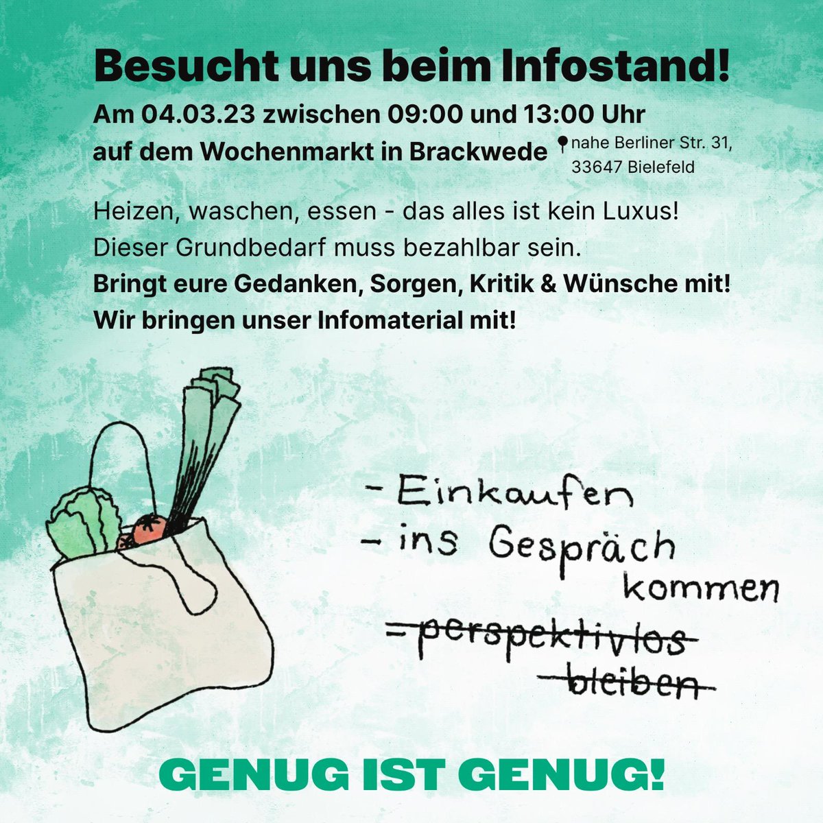 gigbielefeld's tweet photo. Besucht uns beim Infostand! Wir werden am 04.03.23 ab 9 Uhr bis 13 Uhr auf dem Wochenmarkt in Brackwede sein und laden euch herzlich dazu ein vorbeizuschauen und mit uns ins Gespräch zu kommen! https://t.co/bepl10JQlh