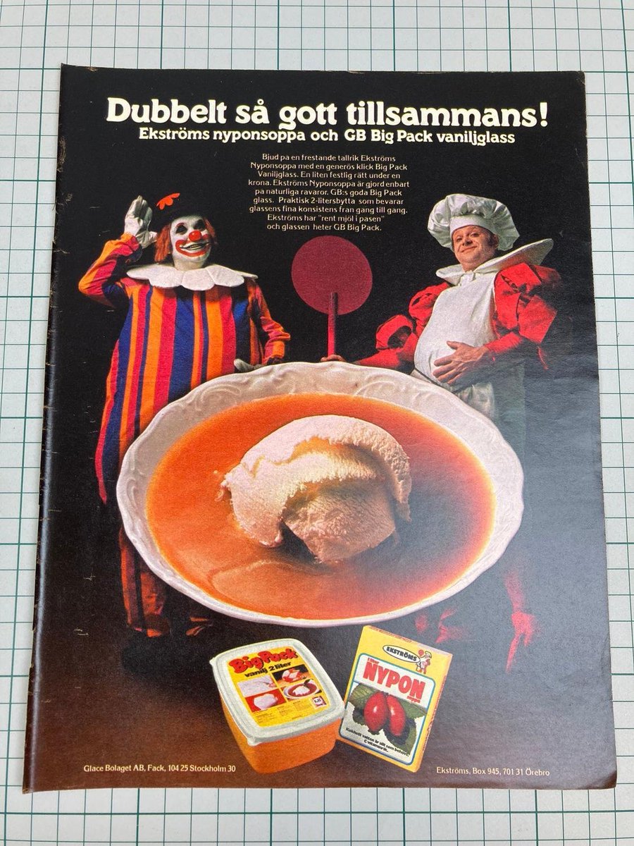"Dubbelt så gott tillsammans! Ekströms nyponsoppa och GB Big Pack vaniljglass" #gammalreklam från 1978