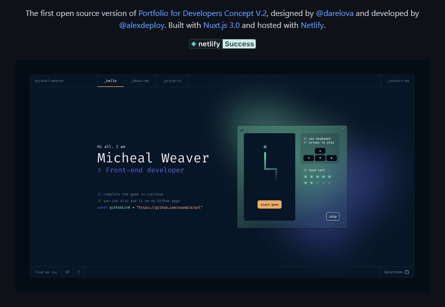 YankaDarelova's tweet image. Check out the #opensource project Portfolio for developers ✨

Code credits go to @alexdeploy 

🔗 Demo link: lnkd.in/dTBHbQiq
🔗 GitHub Repo: lnkd.in/dMUDAntX
🔗 Join us in Discord: lnkd.in/dSVfV72U

#portfolio #design