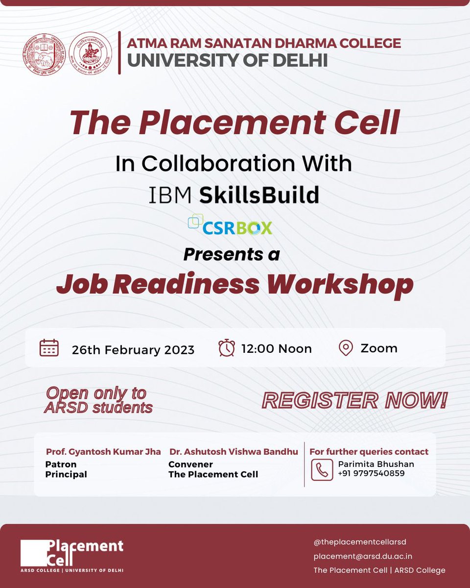 arsdcollegedu's tweet image. #PlacementCell, @arsdcollegedu
@UnivofDelhi We are ecstatic to invite you to an online *Job Readiness Workshop* by *IBM Skills Build* to take you a step ahead in your career. 
*Details attached

*Link to register:* 
forms.gle/4NzeZeUo79R1vj…

*NOTE: Only for ARSD Students.*