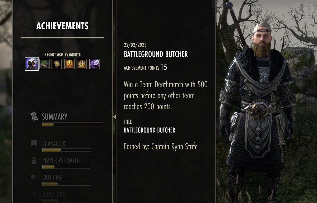 RyanStrifePlays's tweet photo. You can keep your Godslayer and flawless conqueror achievements, this is one of the best ones to get in my opinion! That and The Merciless 😁Don’t @ me. #ESOFam #ElderScrollsOnline #Battlegrounds #Xbox  #EUServer #SweatyPvPer https://t.co/DQP6I0sHP4