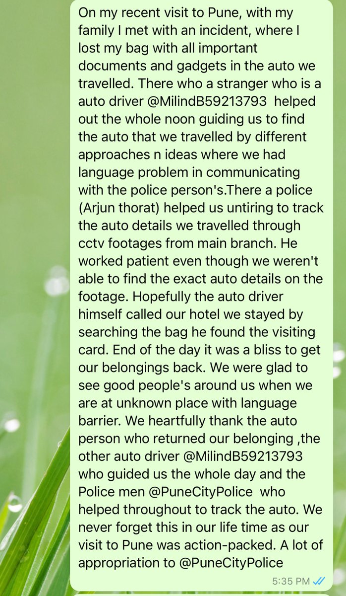 Preethi10532208's tweet photo. I lost my bag with gadgets in the auto during my Pune trip. A stranger auto man Milind helped guiding us with language. A main branch police (Arjun thorat) helped untiring to track the auto details thro’ cctv footages. Applause @MilindB59213793 and Police men @PuneCityPolice 👏🏻 https://t.co/xcwXgDmtid