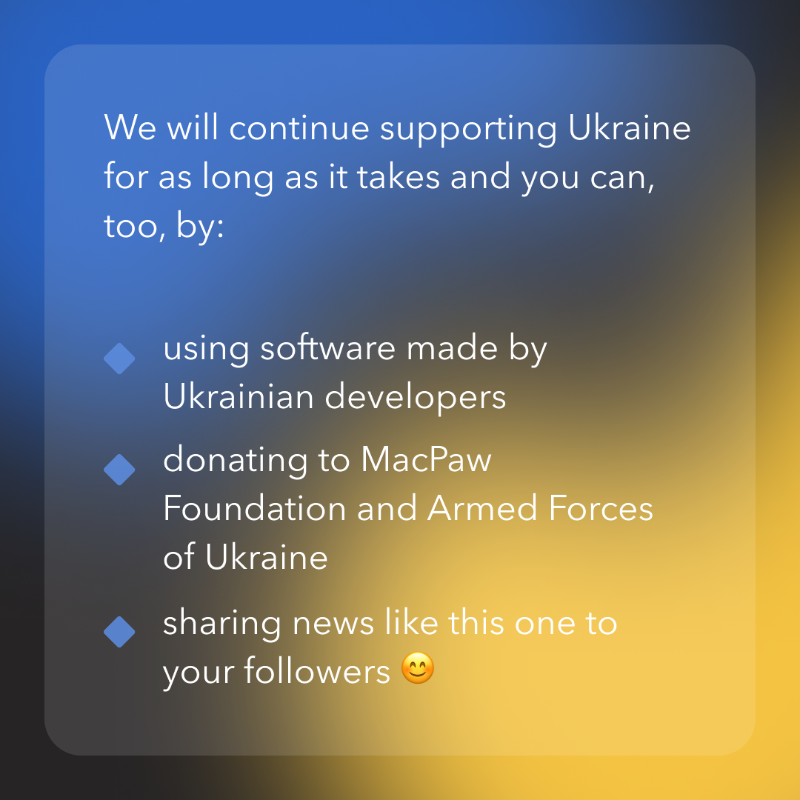Setapp's tweet photo. One year ago, russia attacked Ukraine in an unprovoked, illegal attempt to take its land and people. Swipe to see what’s been done so far and how you can #supportUkraine 👇