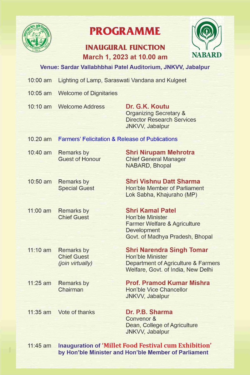 Swagat Vandan Abhinandan 🪔 First National Conference on Millets organised at JNKVV, Jabalpur on 1-2 March 2023 with the theme of #InternationalYearOfMillets 🙏🏻🌱 #ministryofagriculture @nstomar  @KamalPatelBJP  @vdsharmabjp @NABARDOnline @mpkrishi