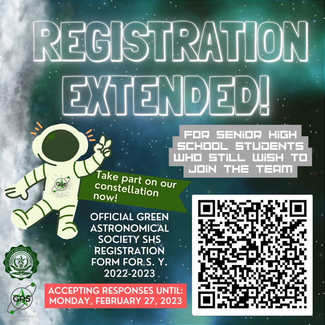 GreenAstroSoc's tweet photo. Good news, everyone!

Due to the special non-working day, the Green Astronomical Society registration form is extended until February 27, 2023 6:00PM! Last chance will be given for those who still wish to join the team 💚

Registration link: https://t.co/bgs49gmIJ8 https://t.co/pDfsZJc99T