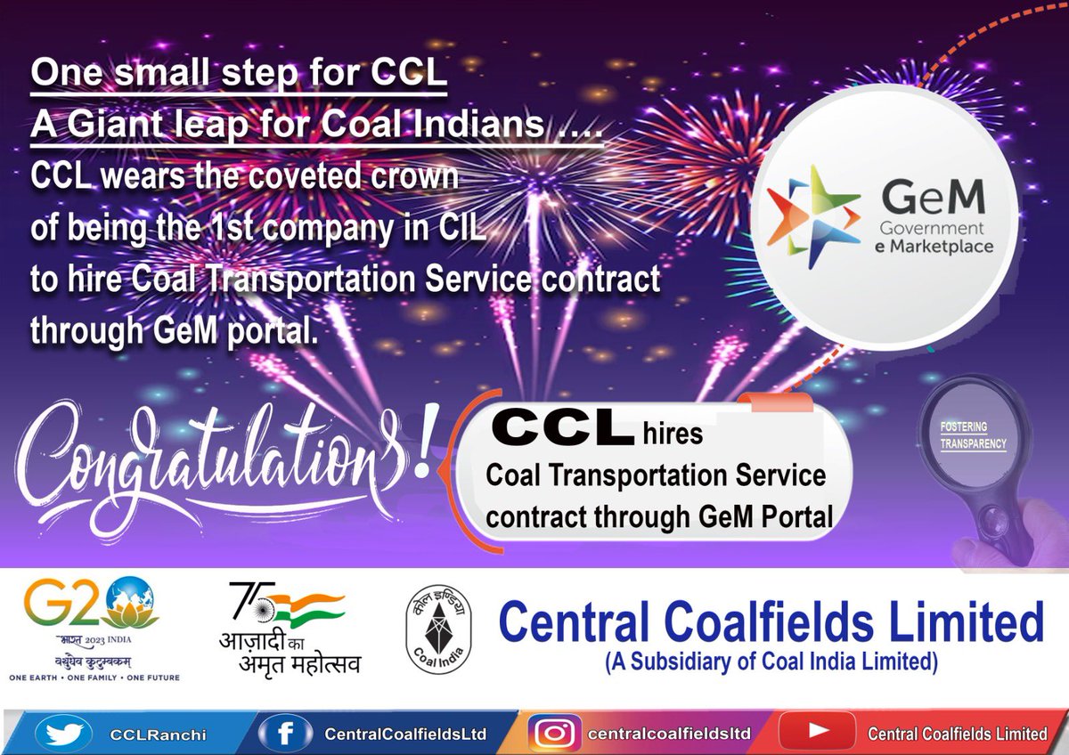 CCLRanchi's tweet photo. One small step for CCL, a giant leap for Coal Indians.

CCL wears the coveted crown of being the 1st company in CIL to hire Coal Transportation Service contract through GEM portal. Transportation from Urimari  to Saunda siding will be done under this  contract.
Congratulations!! https://t.co/yMHIYyoV1L