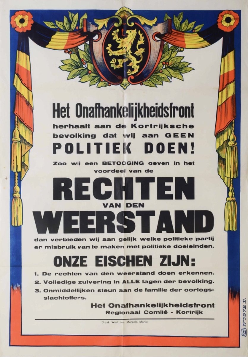 Met deze knappe affiche kwam verzetsgroep Onafhankelijkheidsfront net na de oorlog op voor de rechten van de #verzetshelden en hun nabestaanden. Blijkbaar liepen de politieke spanningen al zo op, dat het neutrale karakter benadrukt moest worden. 
Uit archief van <a href="/liberasvzw/">Liberas</a>.
