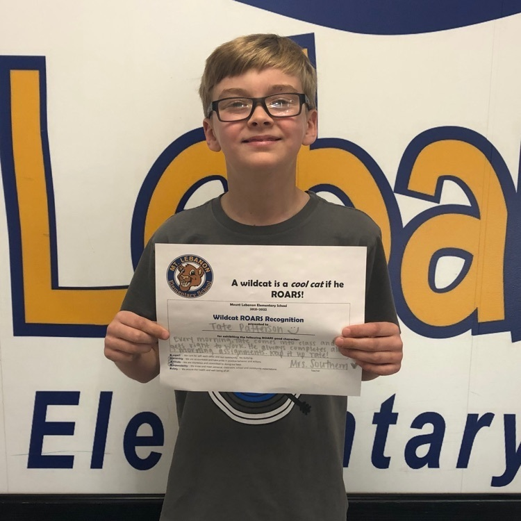 Congrats to Tate Patterson who received a Wildcat ROARS certificate this week for exhibiting characteristics from our ROARS Code of Conduct (Respect, Ownership, Attitude, Responsibility, and Safety).