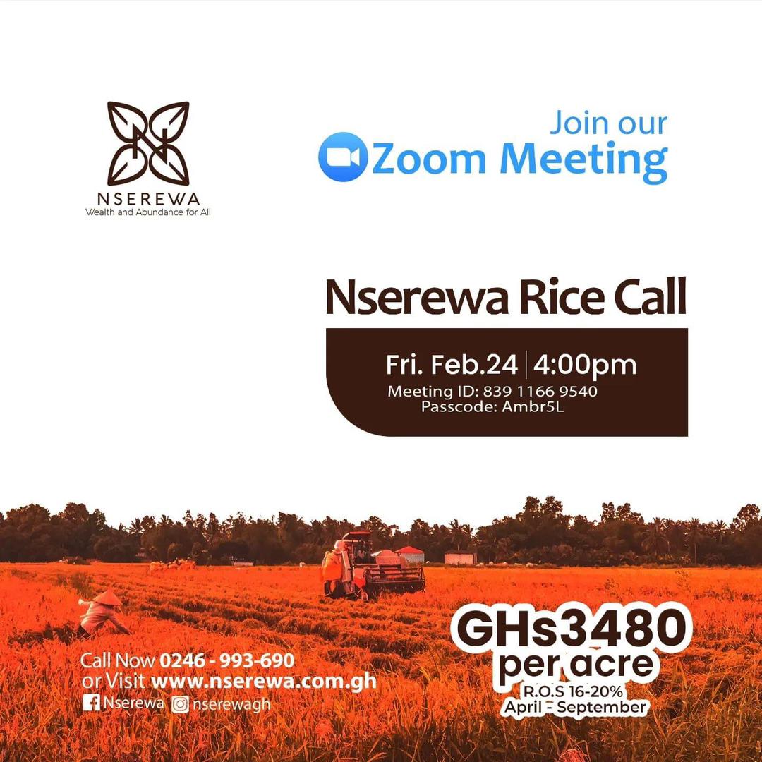 nserewagh's tweet photo. Join us this afternoon at 4pm for a presentation session, Q&amp;As about #Nserewa.

We'll share details about the project, progress and all you need to know.

#NserewaRice https://t.co/zhFgM5rlnb