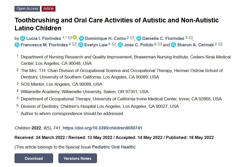 Children_MDPI's tweet image. #mdpichildren Read the High Cited Paper in 2022 from Dr. Lucía I. Floríndez et al.

#Toothbrushing and #Oral #Care Activities of Autistic and Non-Autistic Latino Children 

View Full-Text on: buff.ly/3ZkwlDV 

#children #adolescent