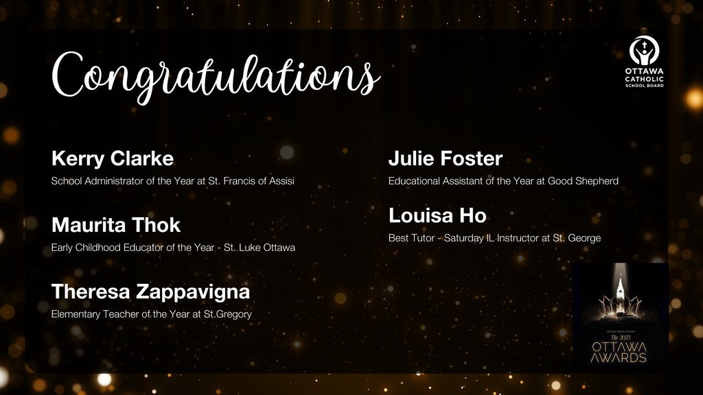 OttCatholicSB's tweet photo. 🎉A huge #ocsbShoutOut goes to all the OCSB staff who won a 2023 Faces Magazine Ottawa award! 👏Congrats, Kerry Clarke from @AssisiOCSB, Maurita Thok from @StLukeOttawa, Theresa Zappavigna from @StGregoryOCSB, Julie Foster from @GShepherdOCSB and Louisa Ho from @StGeorgeOCSB! https://t.co/I1QPICRg1u