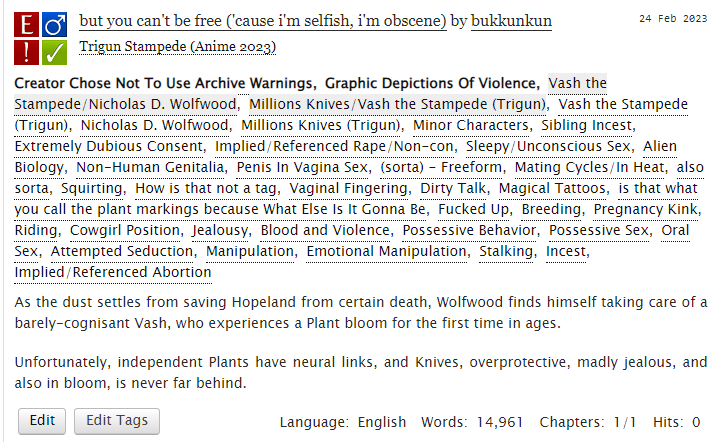 trickscd's tweet photo. holy moly. 

but you can't be free ('cause i'm selfish, i'm obscene) (E), trigun stampede. vashwood, plantcest. canon compliant(ish?). PLEASE HEED THE WARNINGS. 

Wolfwood deals with Plant biology in the worst way he can. Knives isn't pleased about this.

https://t.co/9NnXoeFtkP https://t.co/YXEbvIkqDY