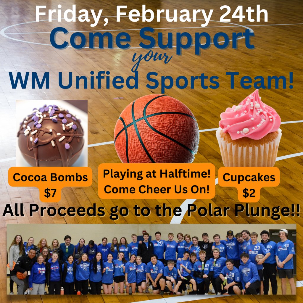 WMPublicSchools's tweet photo. 🏀Watertown-Mayer Unified Sports Club will be playing at halftime of the home Varsity basketball game THIS Friday, February 24th.  

They will be selling hot cocoa bombs and cupcakes as a fundraiser for their upcoming Polar Plunge! 

#LiveUnified#PolarPlunge#OwnTheCrownWM https://t.co/UKSdCdv16u