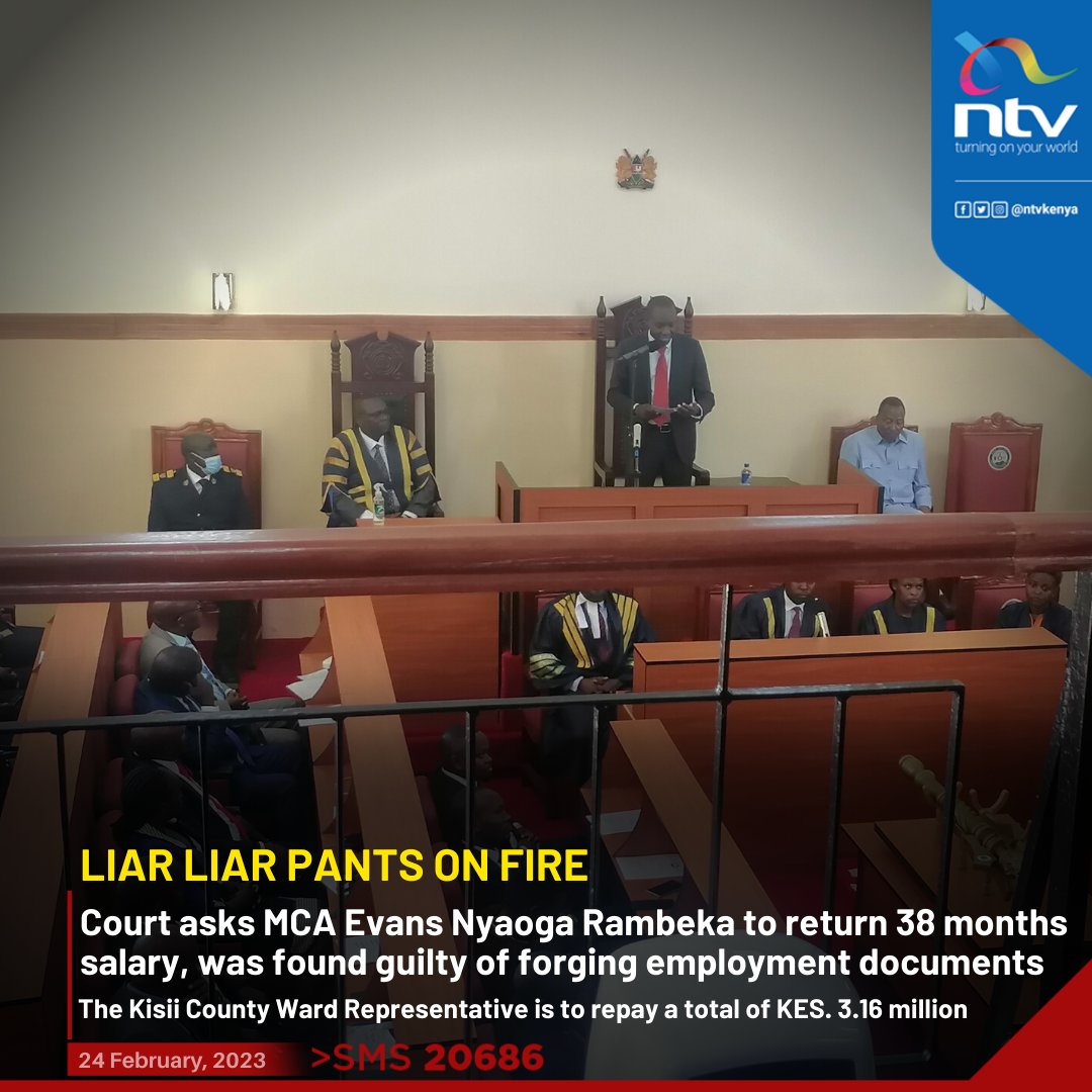 NTV Kenya on Twitter: "Court asks MCA Evans Nyaoga Rambeka to return 38  months salary, was found guilty of forging employment documents  https://t.co/JiYHW8m6RM" / Twitter