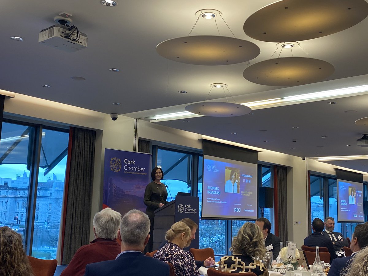 Another great morning at the <a href="/CorkChamber/">Cork Chamber</a> #CCBreakfast listening to Marguerite Sayers discuss ESB’s strategy to meet #NetZero by 2040 and the three key pillars they have identified to achieve this goal #RenewableEnergy #ESB
