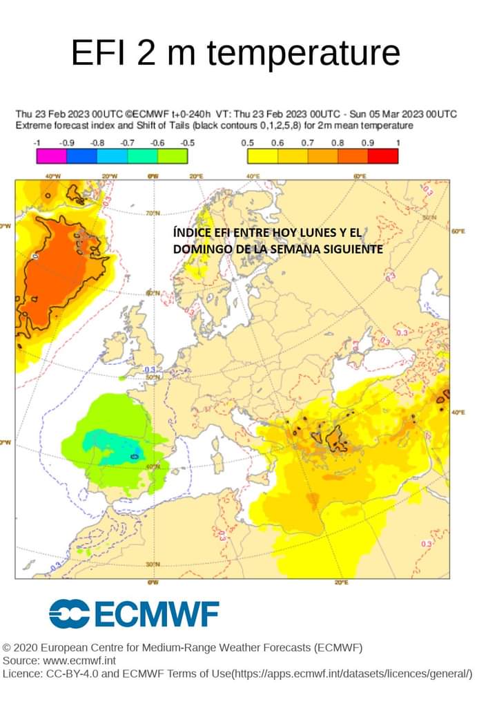 BonDíaNucía, El EFI de <a href="/ECMWF/">ECMWF</a> muestra que los próximos días  serán inusualmente fríos en la península. El comienzo de la siguiente semana sería el periodo ➕ gélido🥶y, a partir del jueves, podrían amainar el frío.
Empezamos el día con ilusión, SALUDOS CORDIALES <a href="/PLNucia/">Policía La Nucía</a>