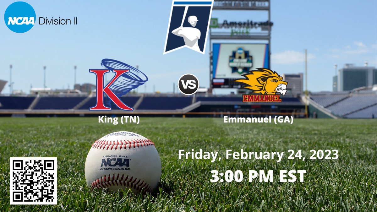 ncaad2bsbll's tweet photo. 3:00 PM EST
King (TN) vs Emmanuel (GA) | NCAA D II BASEBALL
🔗 https://t.co/8cxlMB6eIa
Friday, February 24, 2023
@KingAthletics @KingUBaseball @jdavidhicks @KingUnivBristol @strader_30 @csheph00 @spencerskidmor1 @jbhill19 https://t.co/YY53UD5VXv