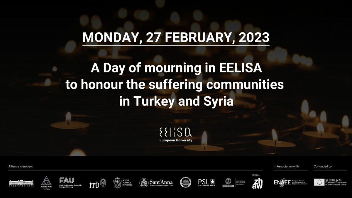 EELISA European University Alliance (@eelisa_eu) on Twitter photo The Heads of the Universities of the EELISA Alliance stand in solidarity with <a href="/itu1773en/">Istanbul Technical University</a> and the Turkish and Syrian peoples suffering the devastating consequences of the #earthquake of 6 February.
Read the full declaration here: bit.ly/3IPBSN5
#WeAreEELISA The Heads of the Universities of the EELISA Alliance stand in solidarity with <a href="/itu1773en/">Istanbul Technical University</a> and the Turkish and Syrian peoples suffering the devastating consequences of the #earthquake of 6 February.
Read the full declaration here: bit.ly/3IPBSN5
#WeAreEELISA