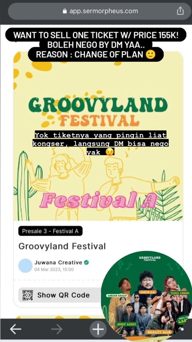 njayy30's tweet photo. WTS tiket Groovyland Festival

📅 4 Maret 2023
Sam Poo Kong Semarang

Dijual karena ada acara lain.

Price 155k bisa nego ya kak, terimakasih 💜💜

#wts #groovyland #semarang #konser https://t.co/o3HczMyQXh