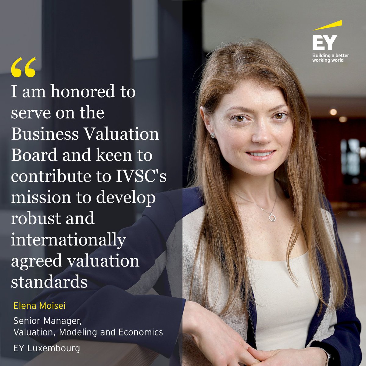 EY_Luxembourg's tweet photo. We are proud to announce that Elena Moisei, Luxembourg Valuation, Modeling and Economics Senior Manager, was appointed as a member of the Business Valuation Board of the International Valuation Standards Council!
Congratulations, Elena!
#BetterWorkingWorld #Valuations #IVSC https://t.co/2SA1WBRr29